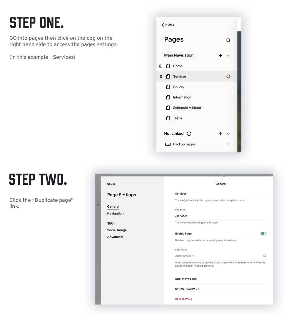 Steps to backing up pages in Squarespace