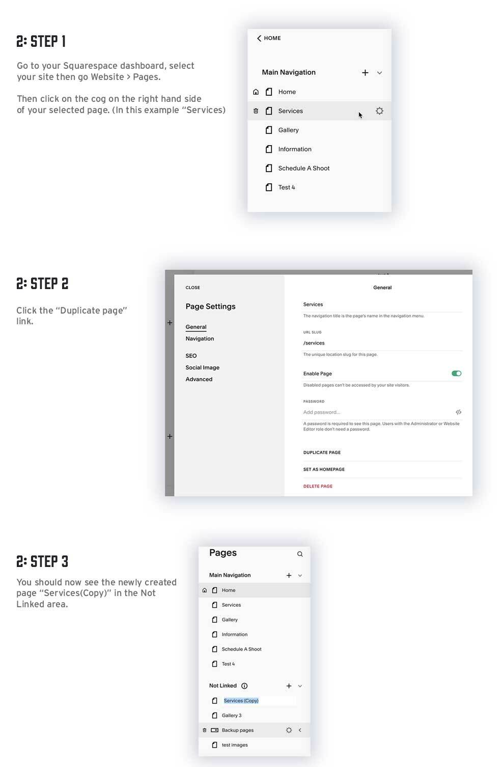 Duplicate page in Squarespace